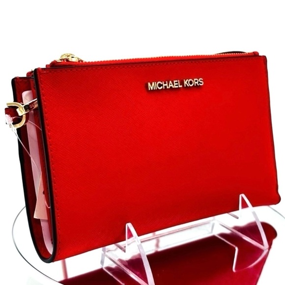 Michael Kors Large Double Zip Wallet Wristlet Red/Gold - Picture 3 of 9